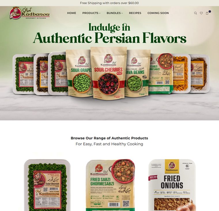 The Kadbanou online storefront showing frozen Persian food products available to order.