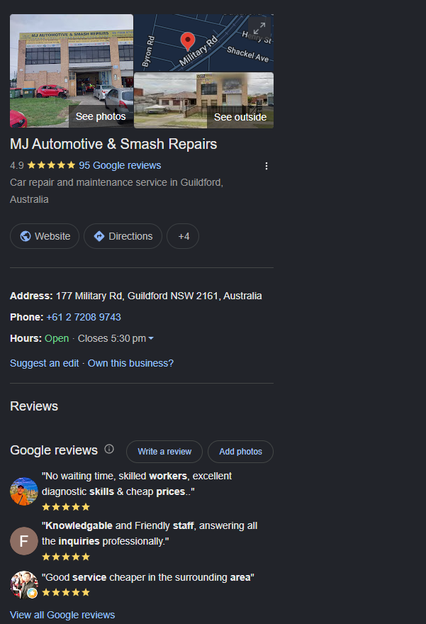 Google Business Profile for MJ Automotive and Smash Repairs rated 4.9 stars from 95 Google reviews.