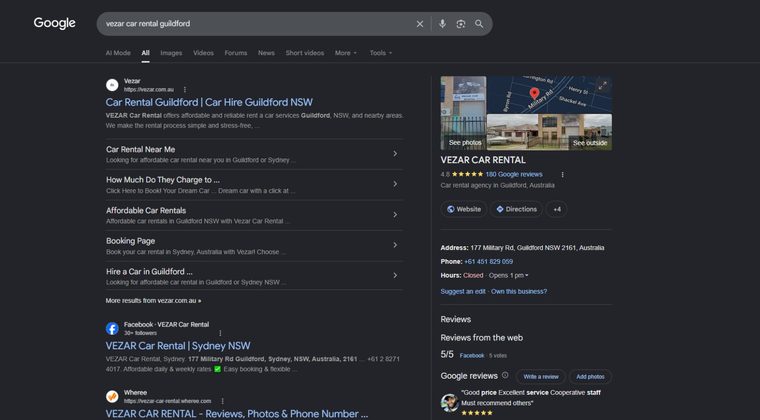 Google search results page for VEZAR Car Rental Guildford showing the website listing with sitelinks and a business profile panel rated 4.8 stars from 180 Google reviews, with address 177 Military Rd Guildford NSW 2161.