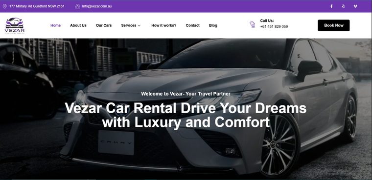 The VEZAR Car Rental website homepage, showing vehicle rental offers and booking information for Guildford and Sydney.