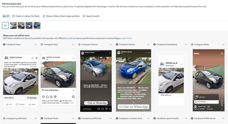 Meta ad preview for VEZAR Car Rental showing the availability-led creative across Facebook and Instagram placements.